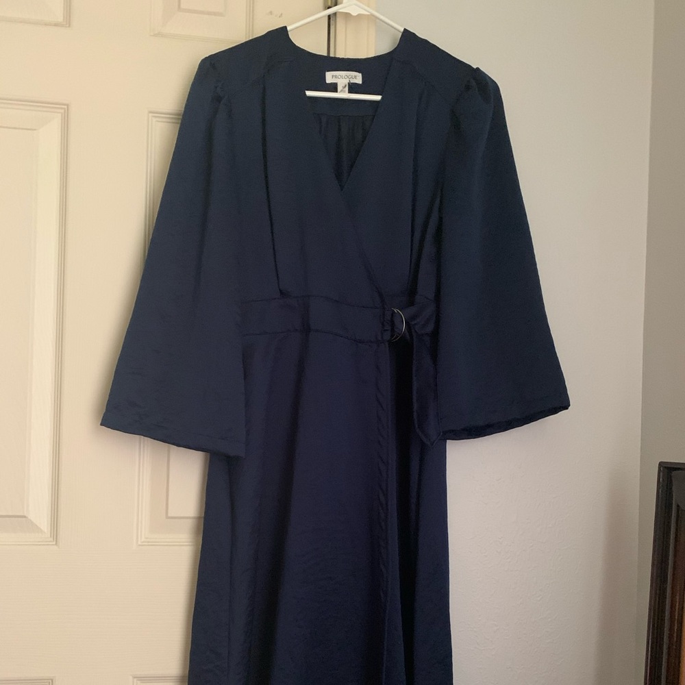 navy midi wrap dress with buckle